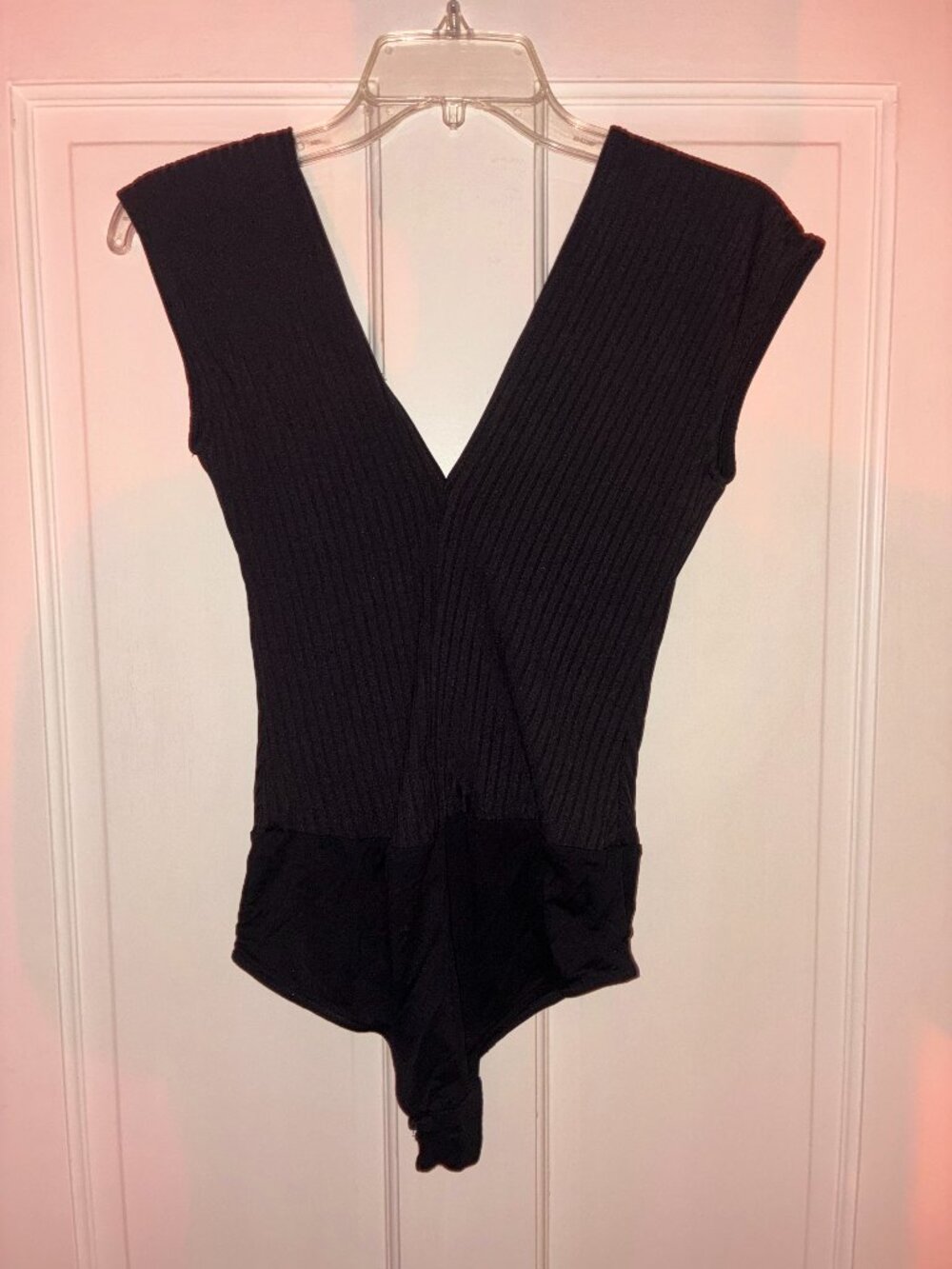 Zara Collection Black Ribbed Wrap V-Neck Bodysuit One Piece Swimsuit Size Small